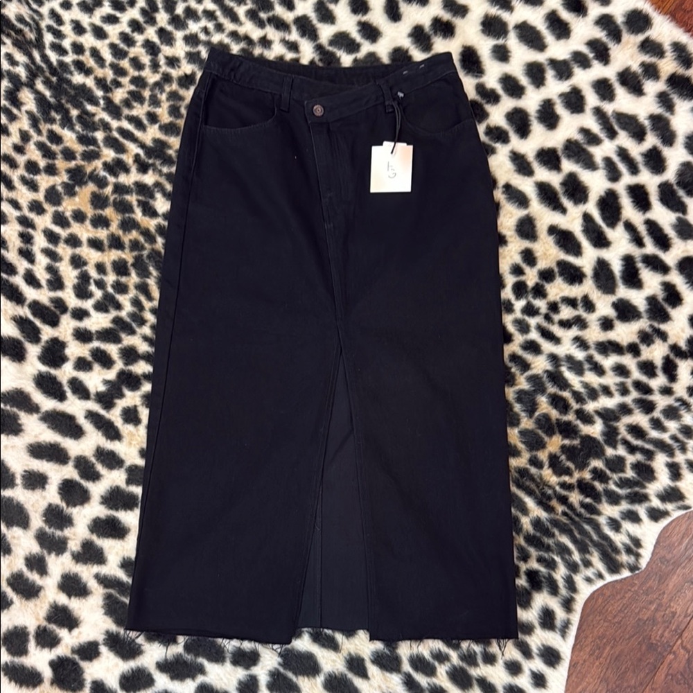 Happily Grey Black Denim Maxi Skirt with slit and raw hem